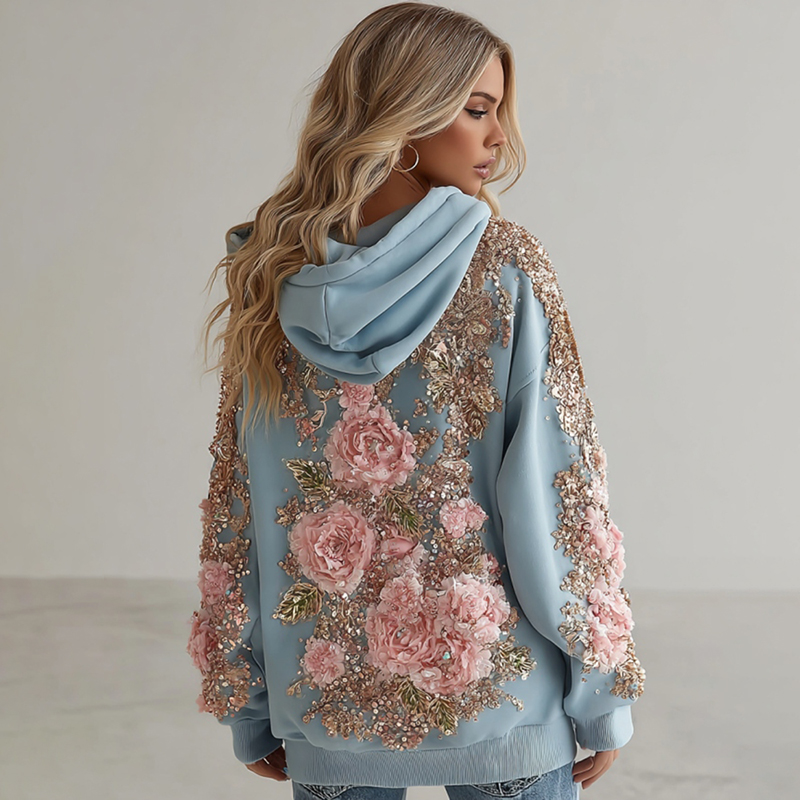 Women's Vintage Pink Flower Embroidery Art Long Sleeve Hoodie