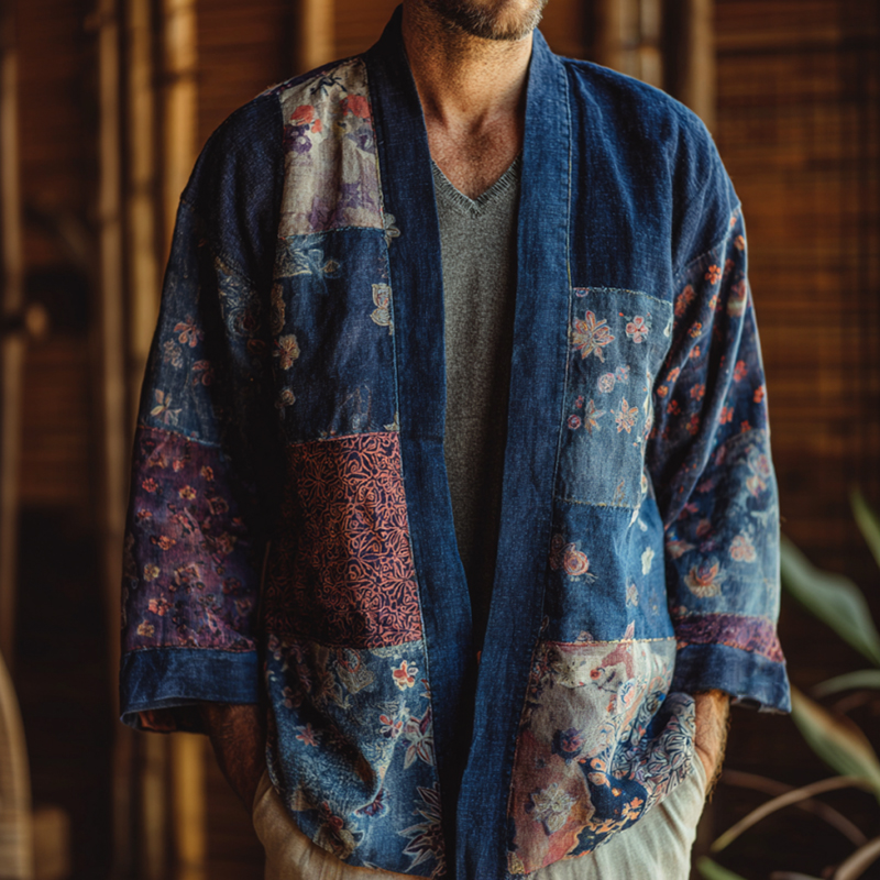 Vintage Japanese Traditional Sashiko Patchwork Art Print Cotton & Linen Blend Kimono Cardigan
