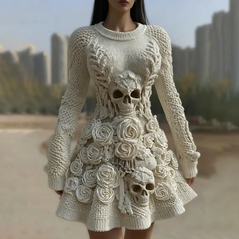 Women's Halloween Skull With Rose Art Cozy Knit Sweater Dress
