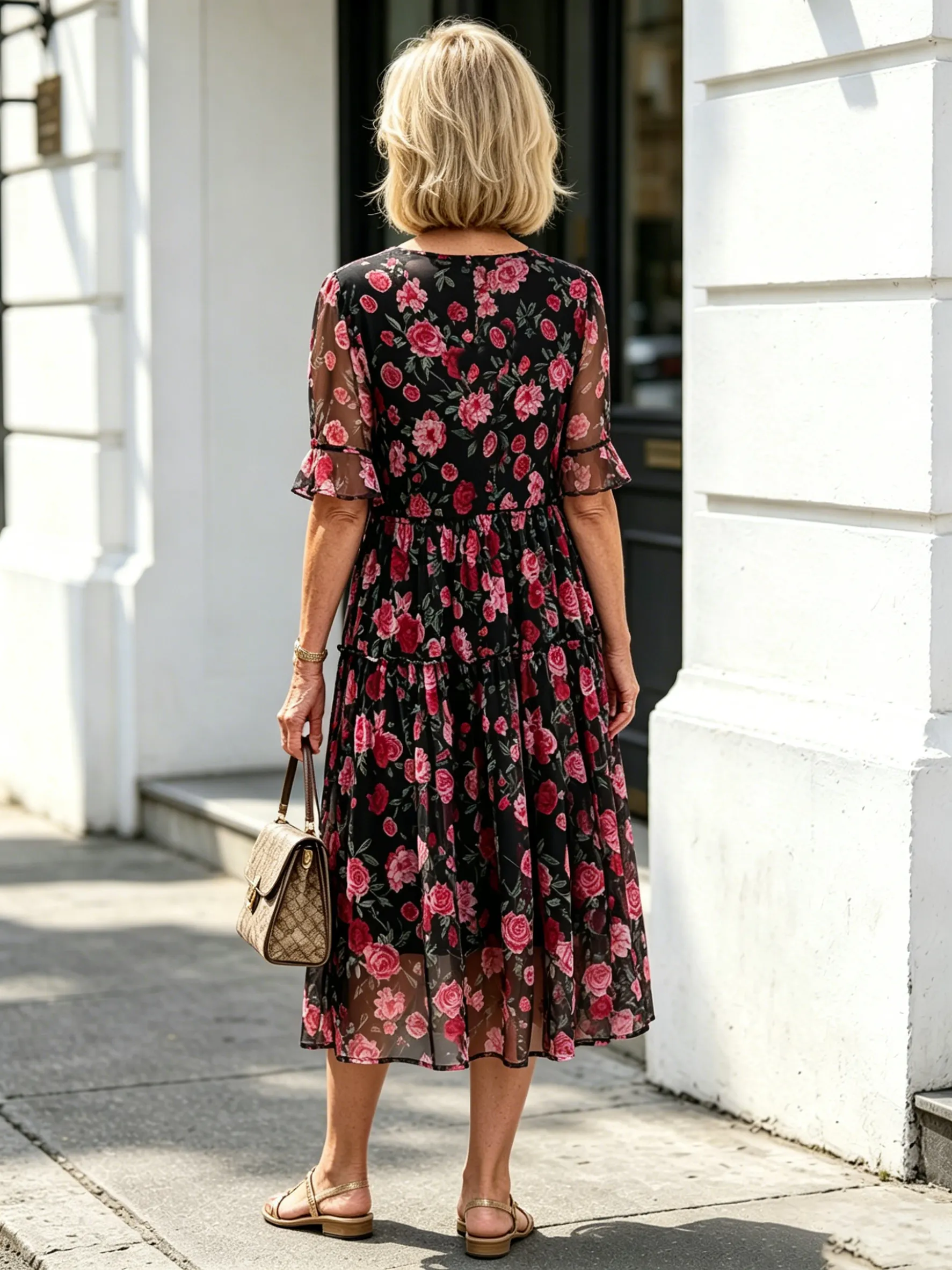 Black Floral Tiered Midi Dress