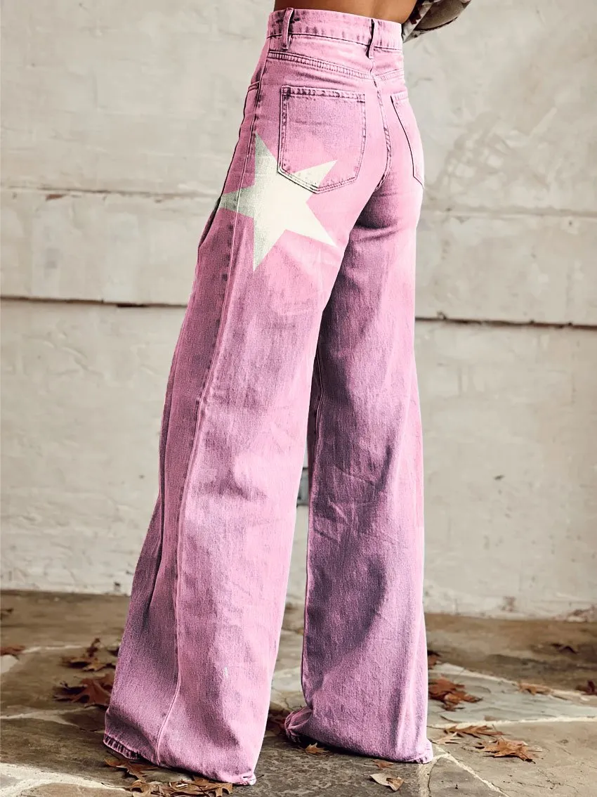Vintage Print Casual Wide-Leg Pants