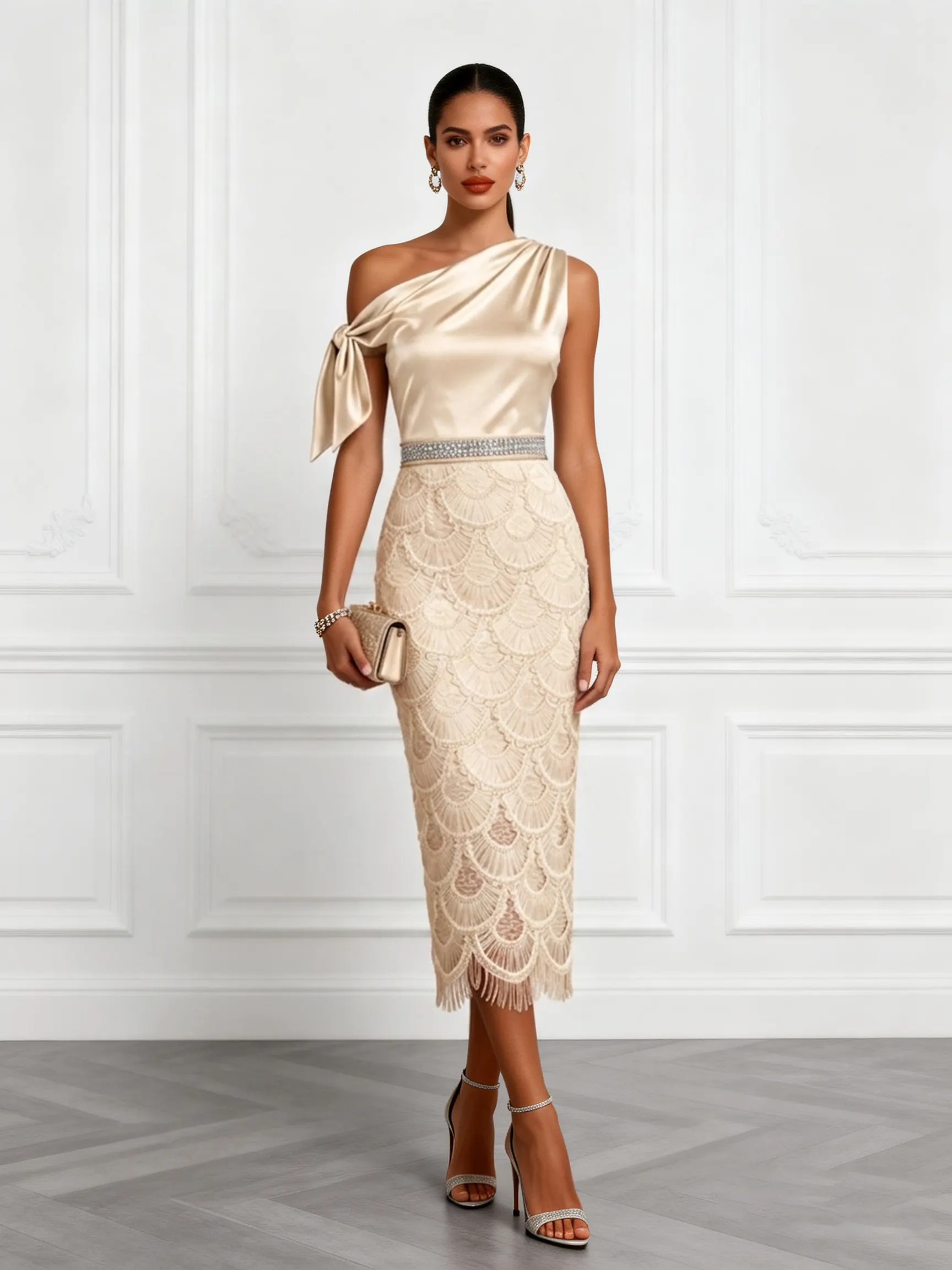 Champagne Rhinestone Bow Satin One-Shoulder Short-Sleeve Sheath Midi Dress