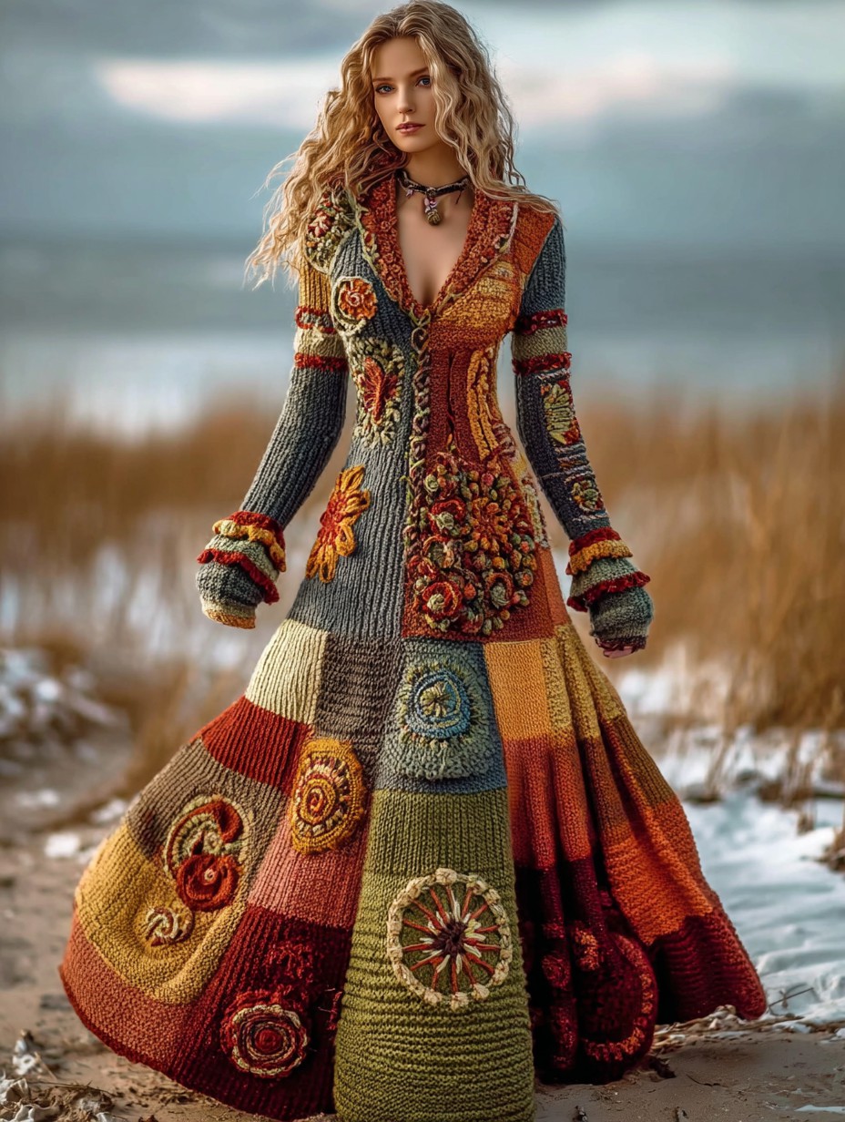 Vintage Floral Crochet Colorblock Cozy Maxi Sweater Dress