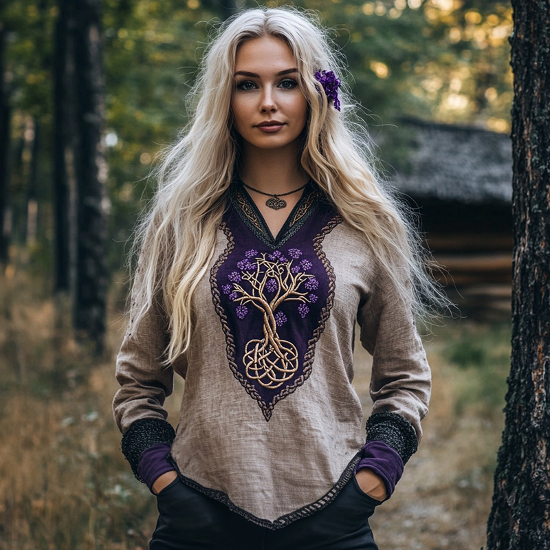 Women's Viking Purple Blossom Tree Of Life Patchwork Shirt