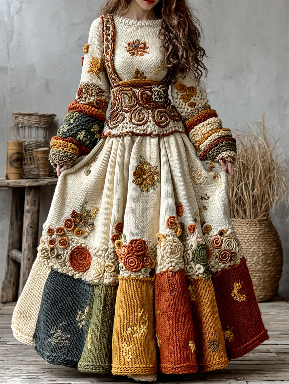 Vintage Floral Crochet Colorblock Cozy Maxi Sweater Dress