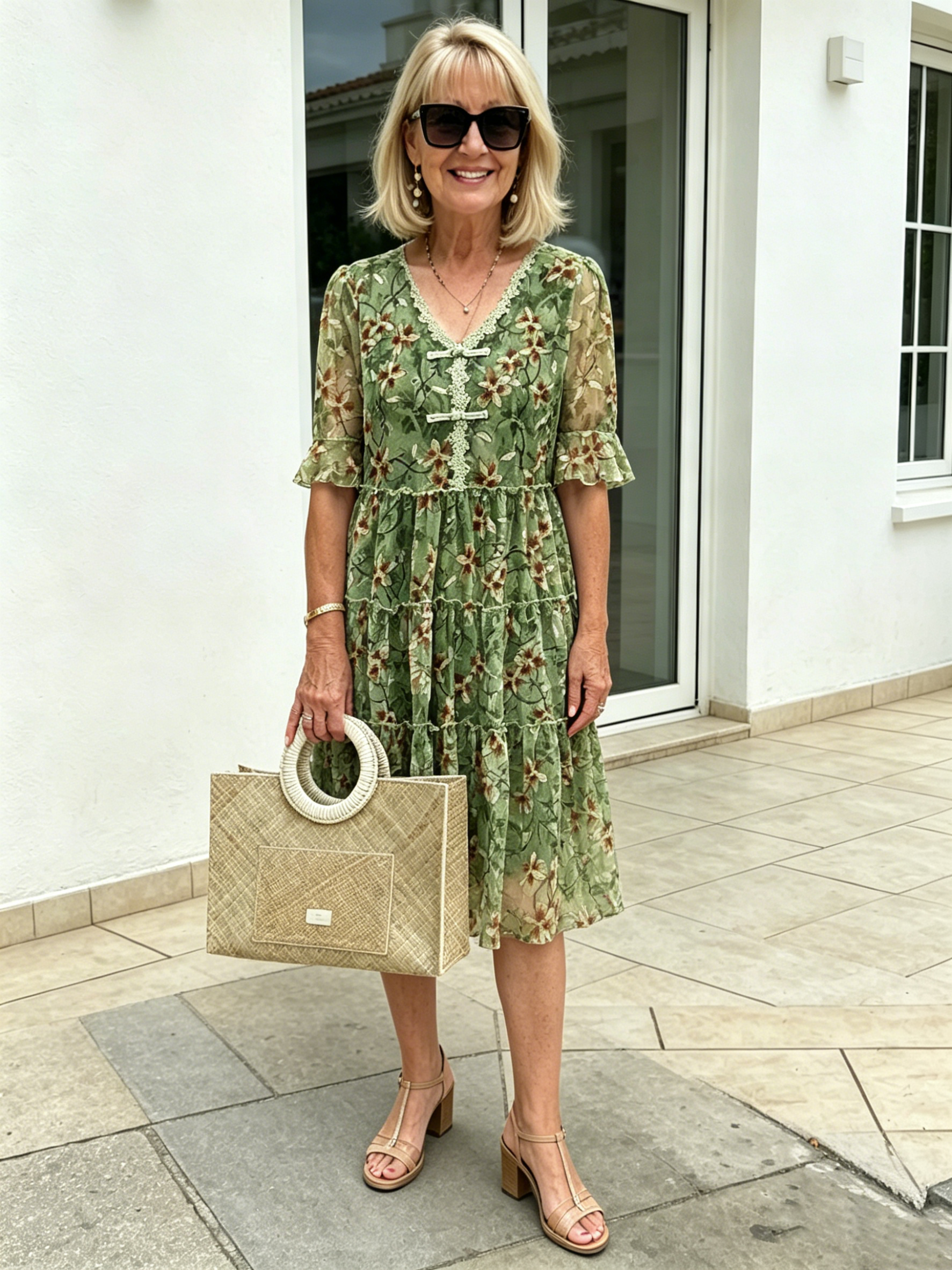 Green Floral Ruffle Midi Dress