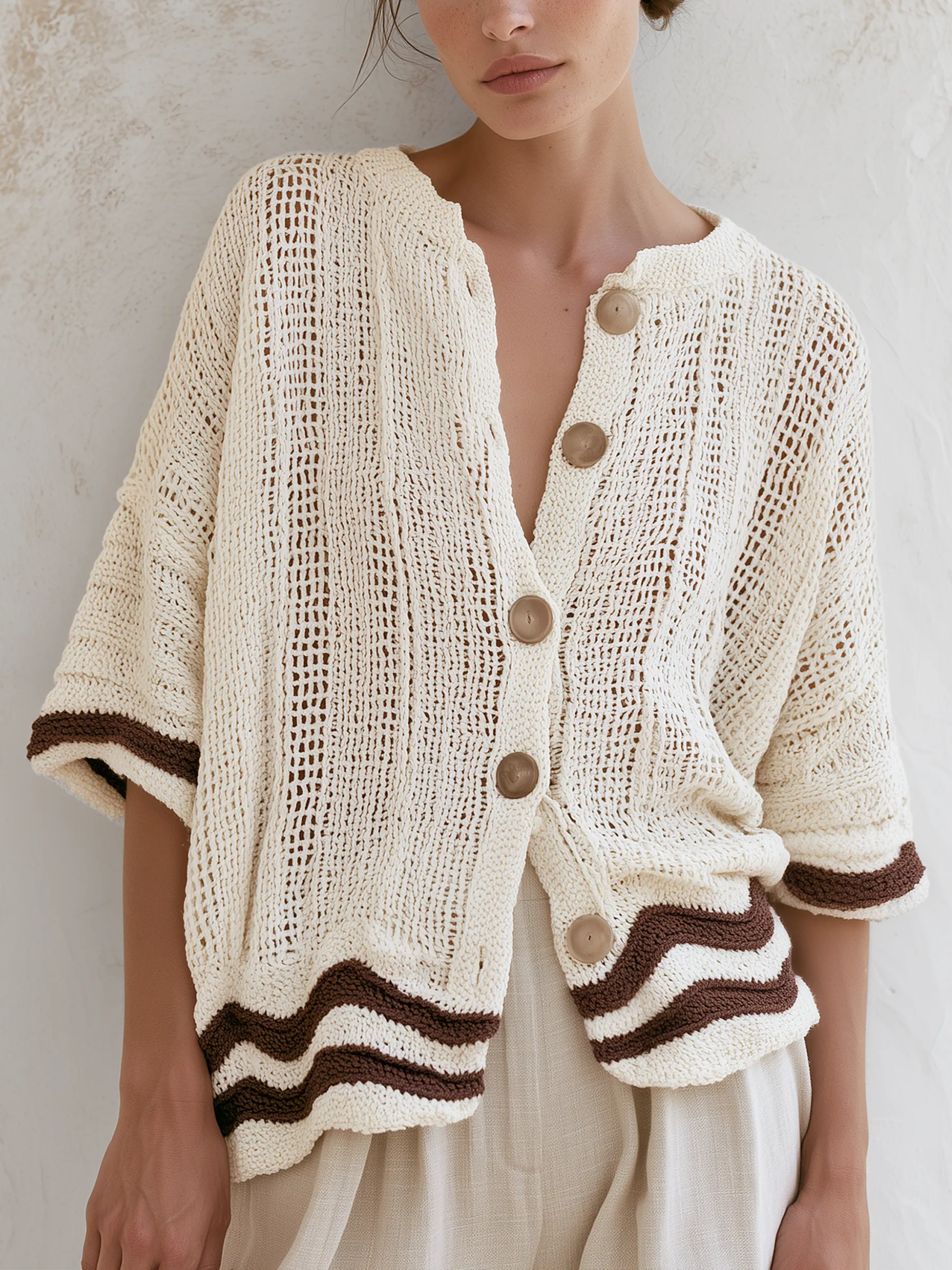 Beige Open Knit Wave Striped Half Sleeve Knit Cardigan