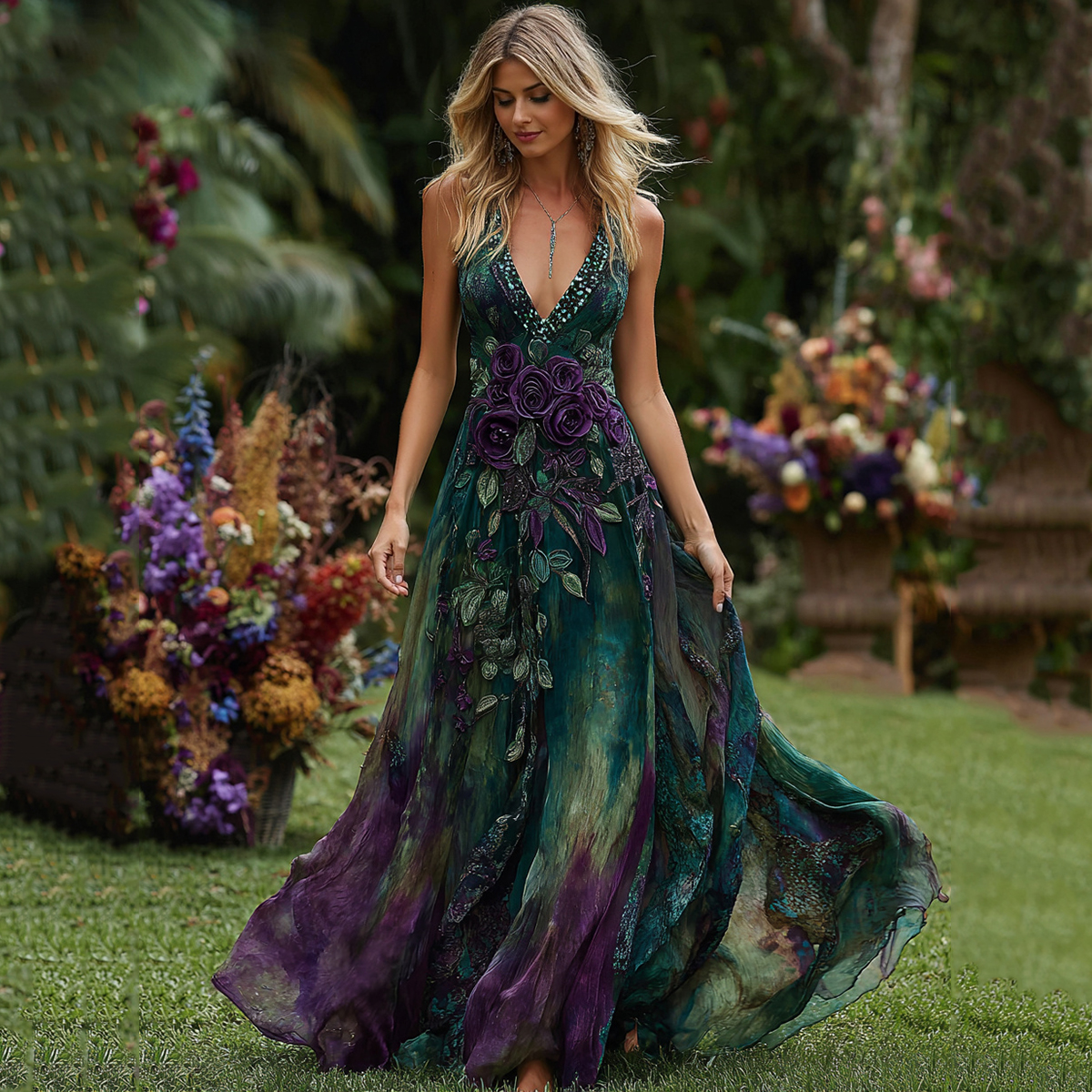 Women's Vintage Purple Floral Art Linen Sleeveless Dress