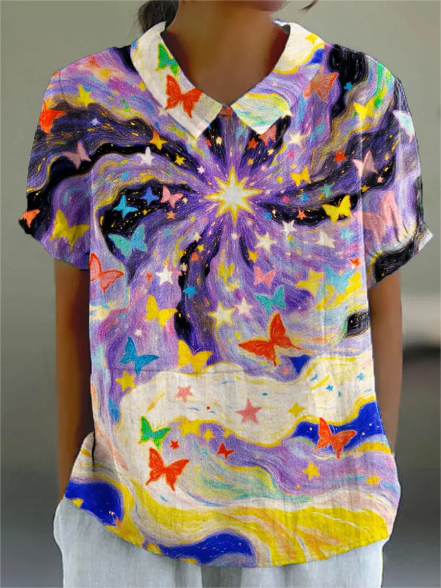 Beautiful Colorful Butterflies Clouds Stars Painting Art Print Casual Cotton & Linen Shirt