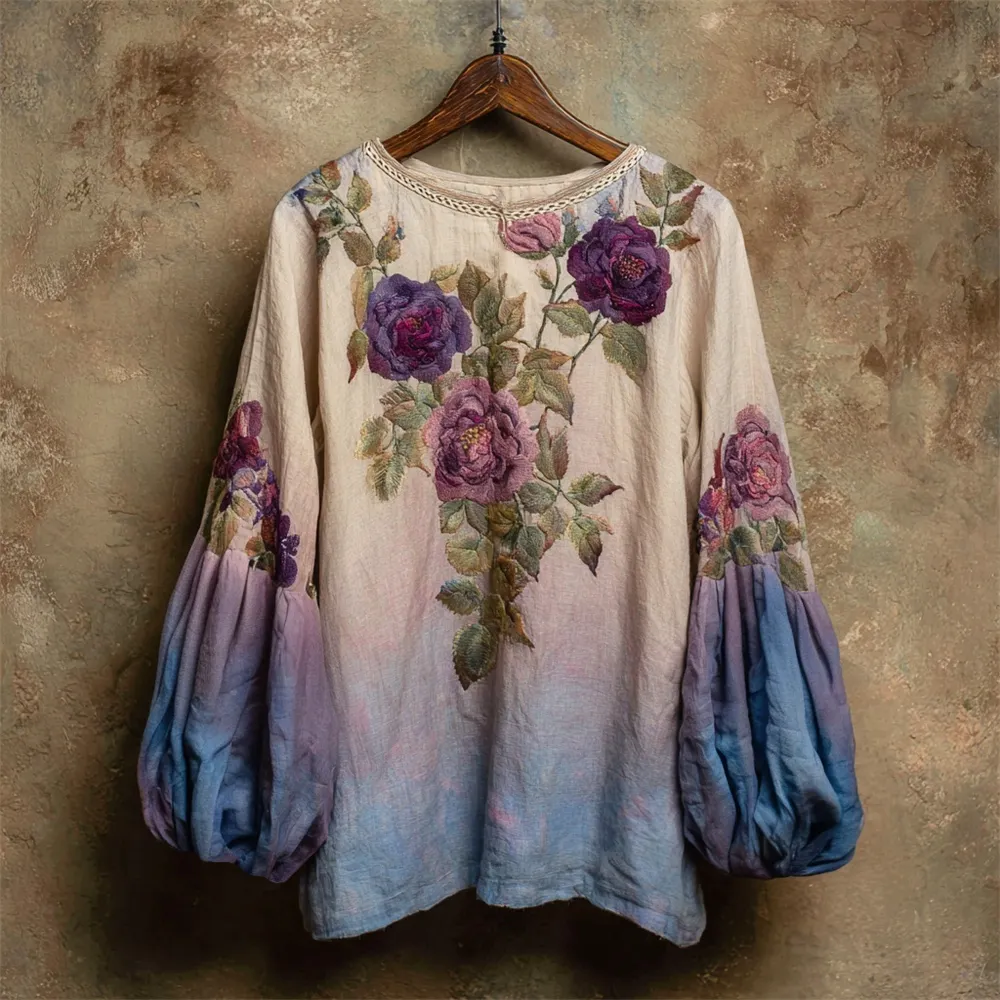 Boho Romantic Floral Embroidery Gradient Women's Linen Loose Shirt
