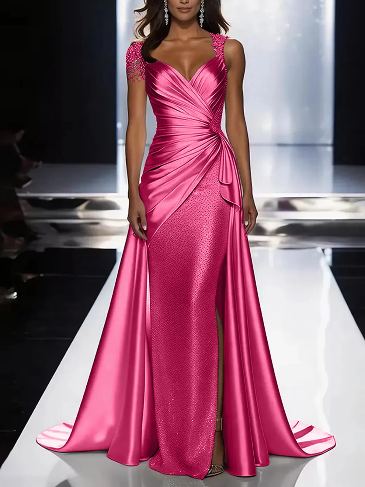Silver Grey Deep V-Neck Draped Satin Metallic Mermaid Maxi Dress