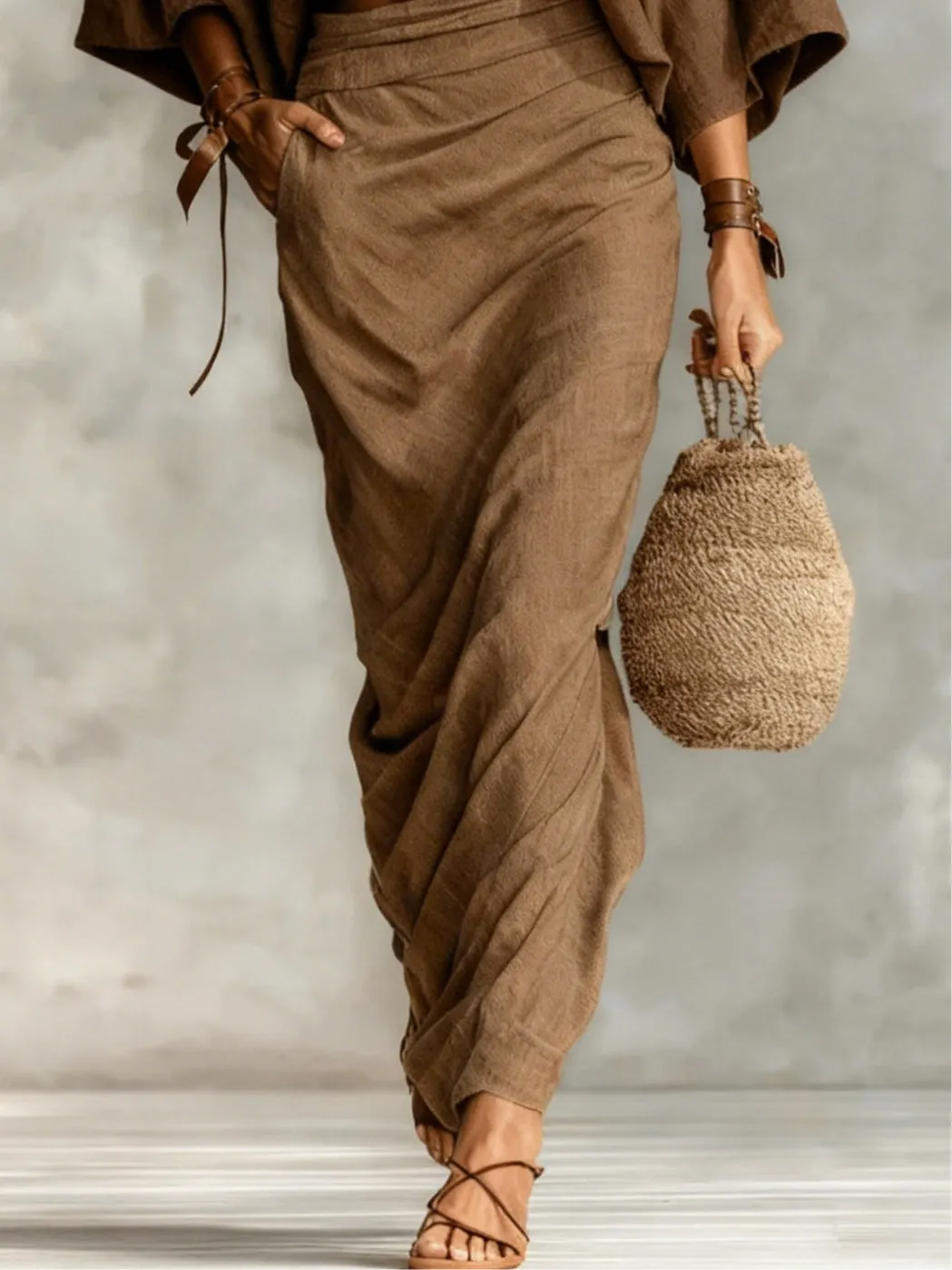 Round neck batwing sleeve top & long skirt set