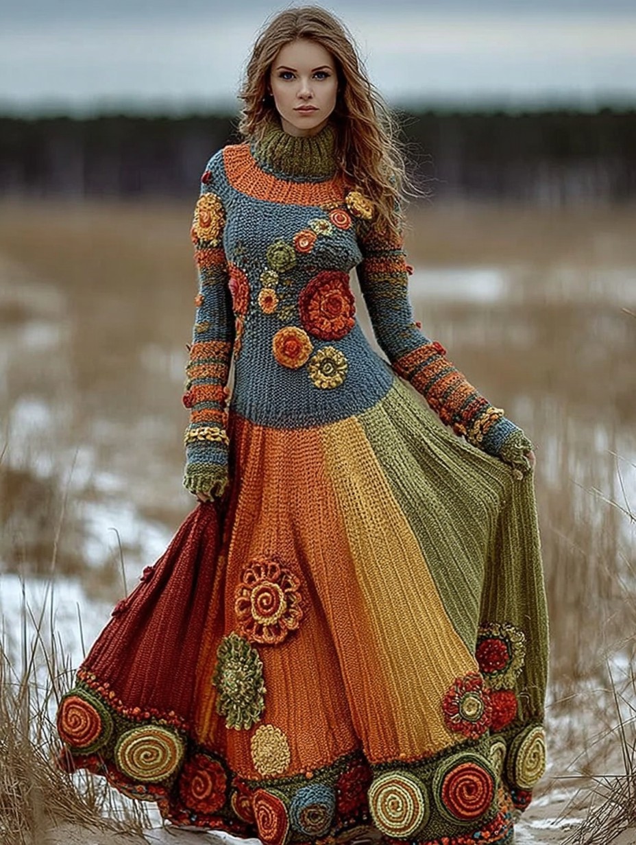 Vintage Floral Crochet Colorblock Cozy Maxi Sweater Dress