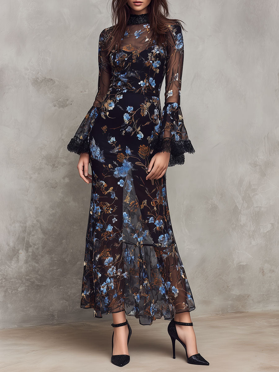 Black Floral Sheer Maxi Dress ̈C Lace-Trimmed Bell Sleeves& High Neck