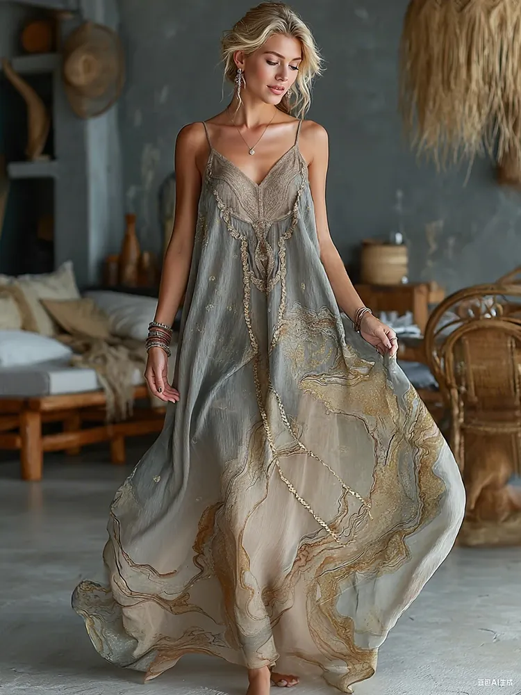Vintage Marble Texture Collection Retro Bohemia Women Style Gradient Gilded Pattern Suspender Long Dress