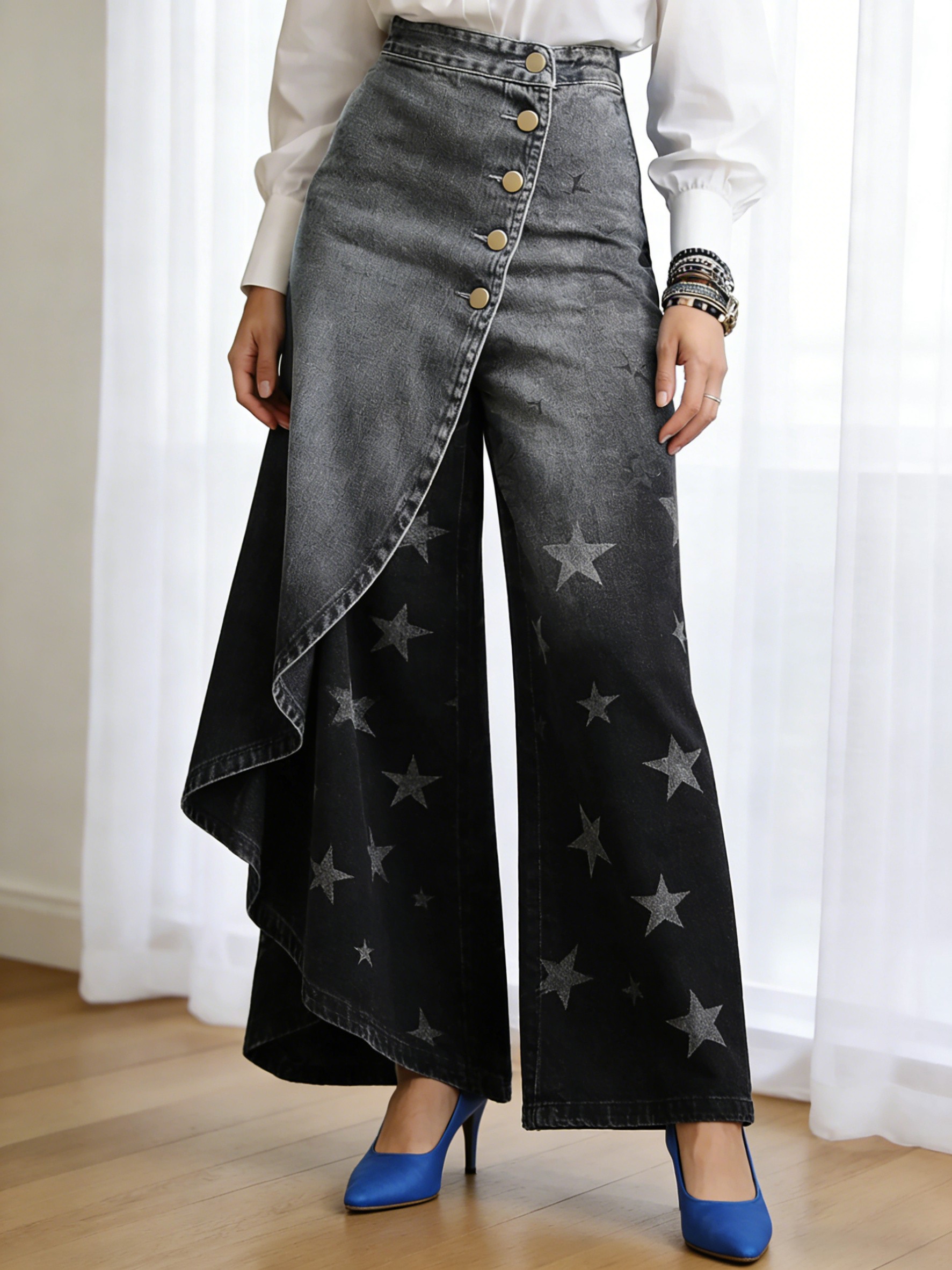 Art Print Casual Washed Denim Cotton Pants