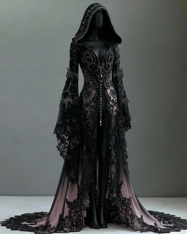 Bohemian style gradient lace embroidery patchwork hooded Evening Dress f13f