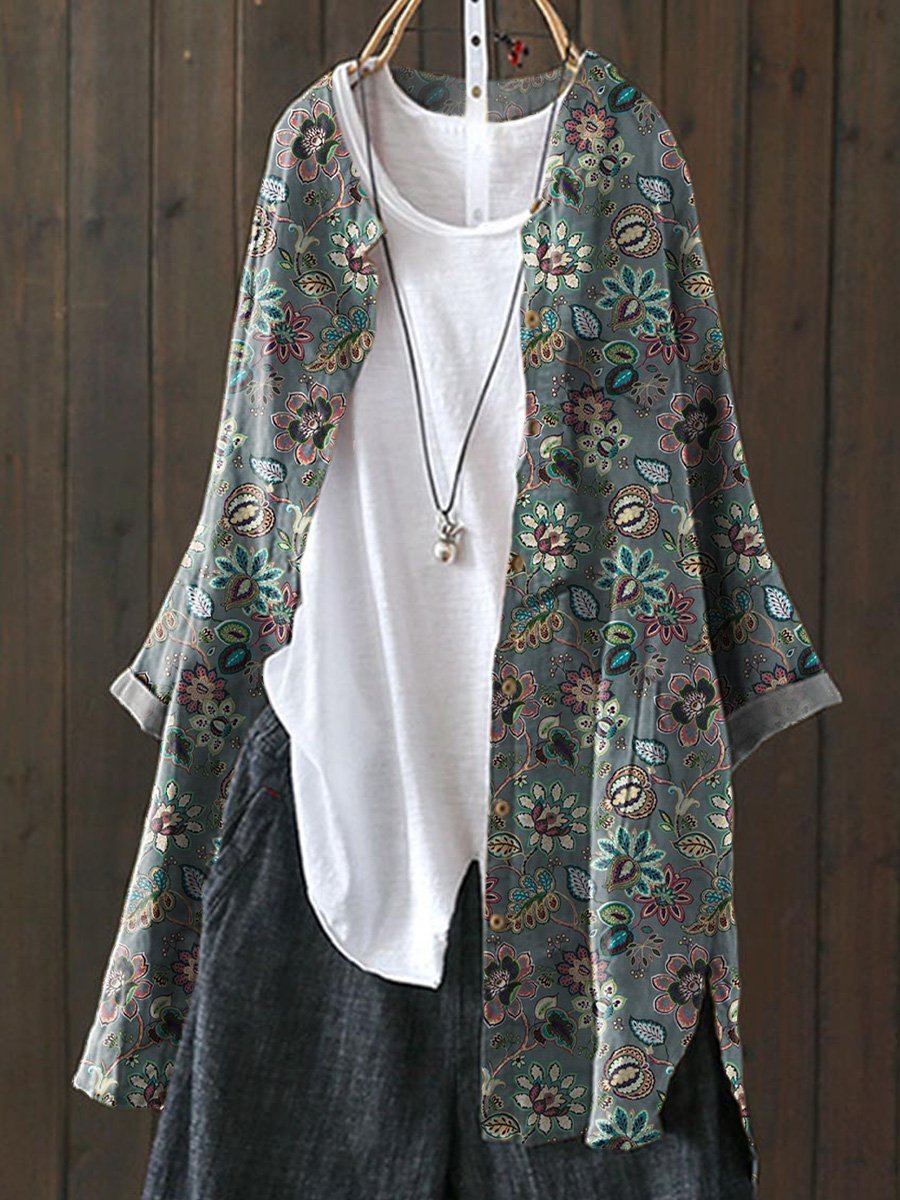 Vintage Botanical Floral Pattern Printed Women's Loose Casual Top Jacket