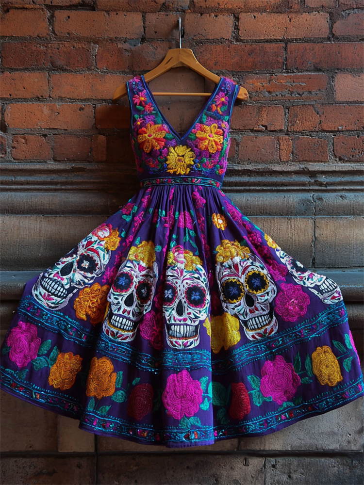 Day Of The Dead Sugar Skulls Floral Embroidered Evening Dress