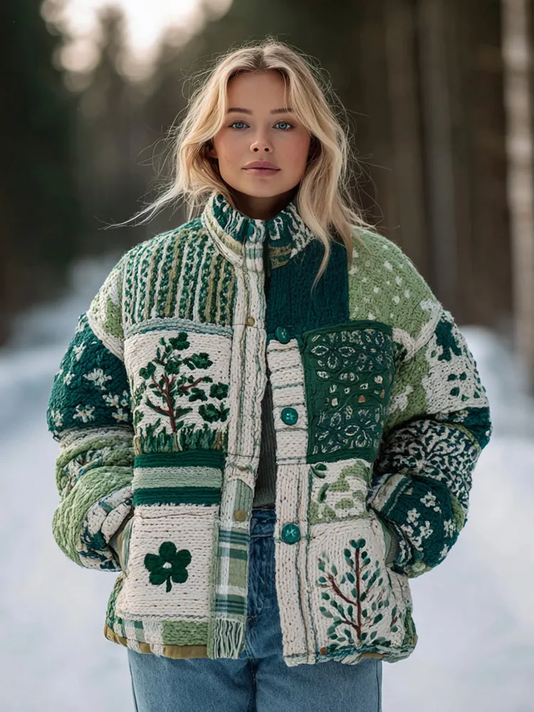Women's Flower And Tree Button-collared Warm Sweater