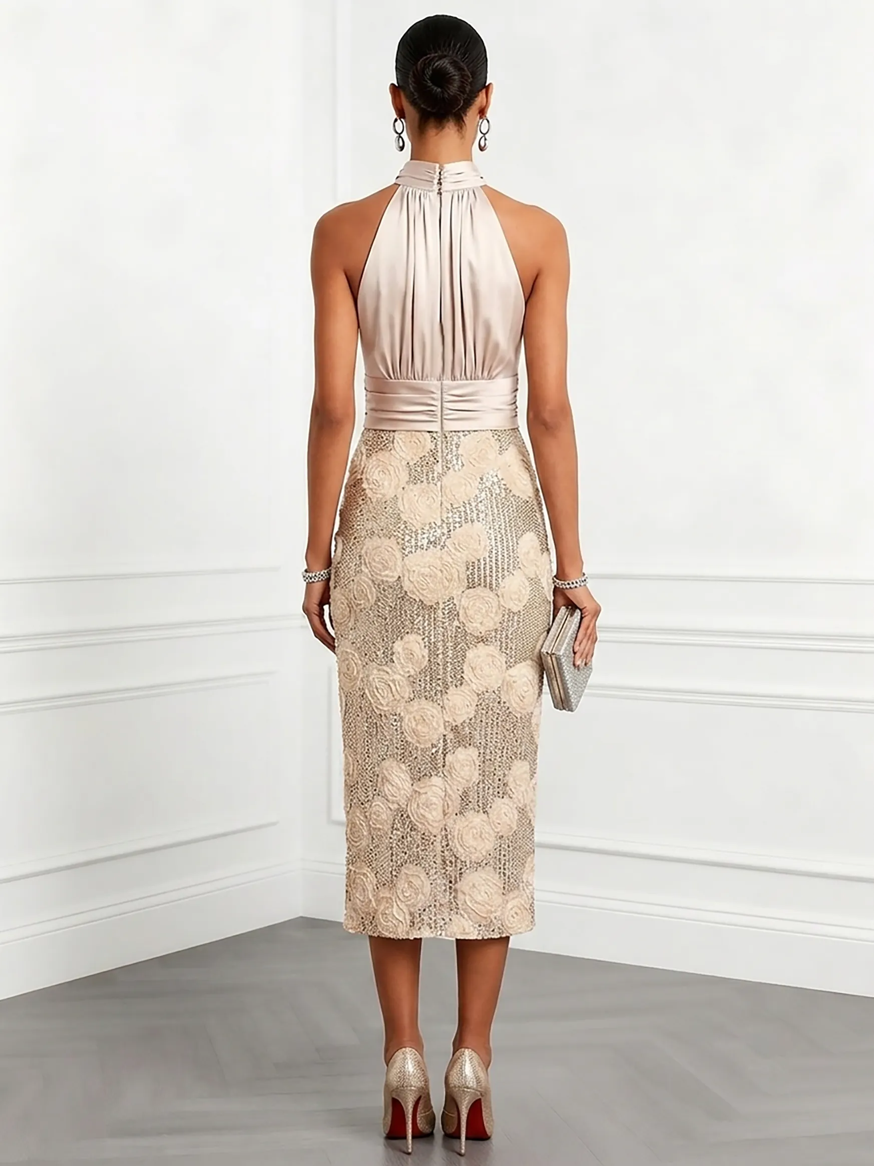 Champagne 3D Floral Glitter Classic Mock Neck Sleeveless Midi Dress