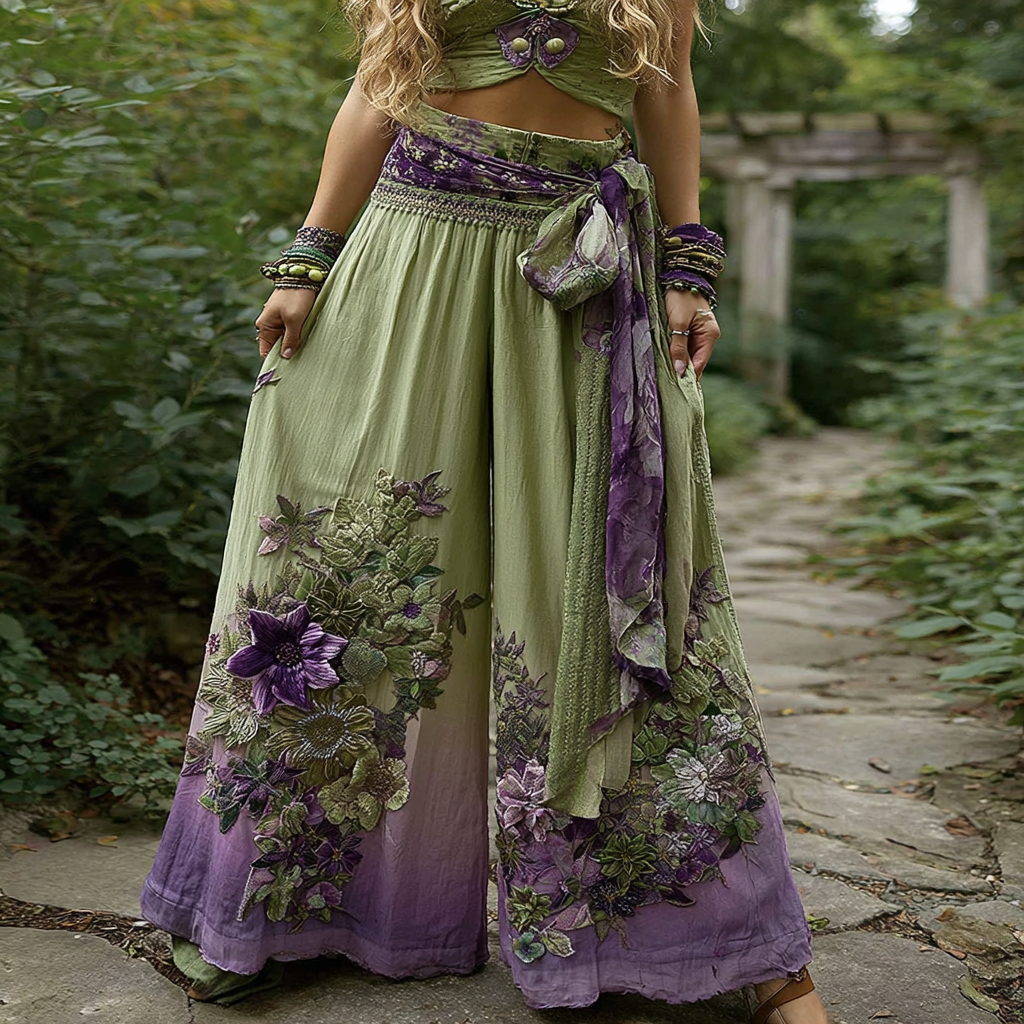 Floral Embroidered Art Print Loose Linen Blend Pants