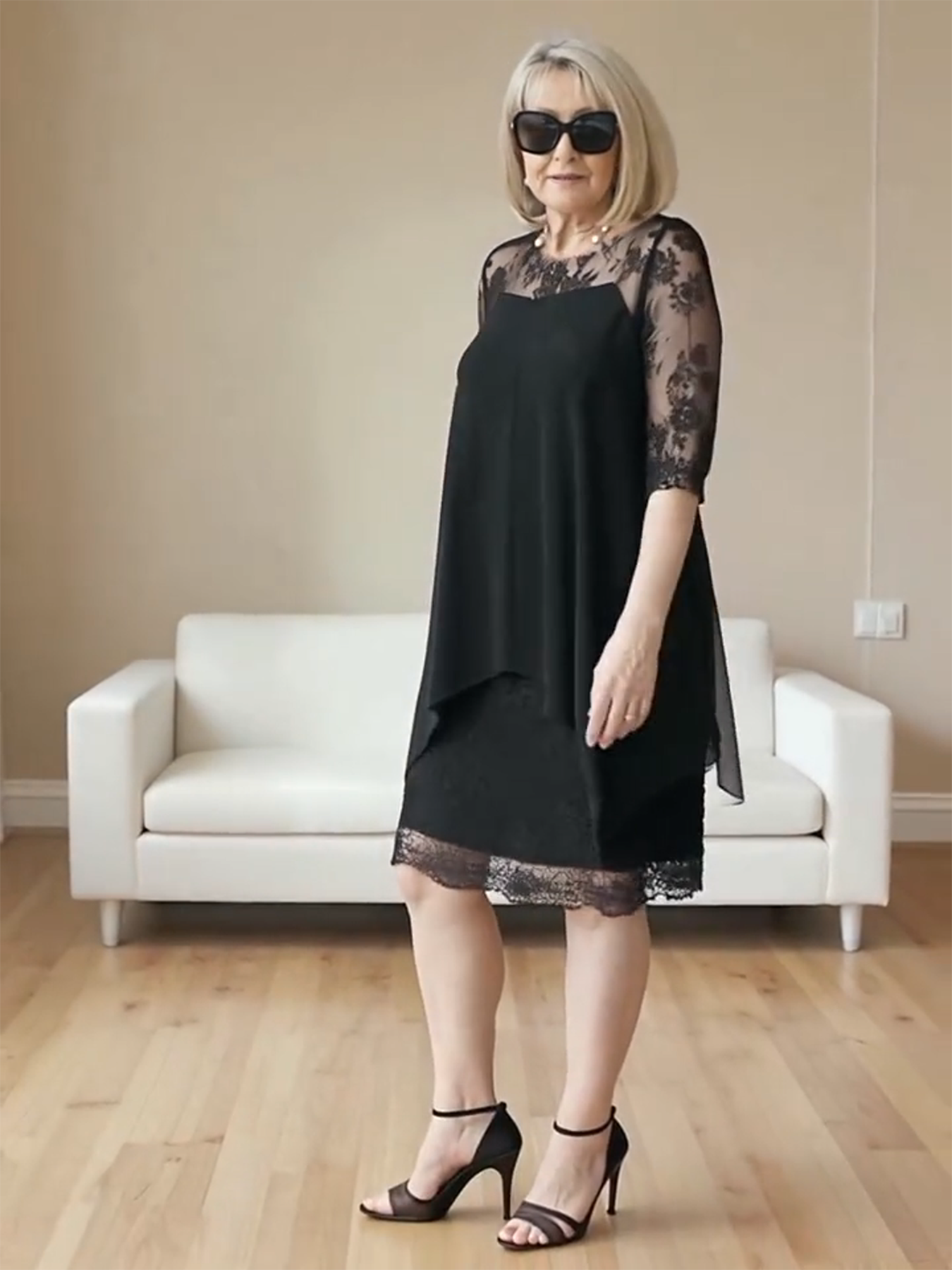 Brown Lace-Trim Layered Midi Dress