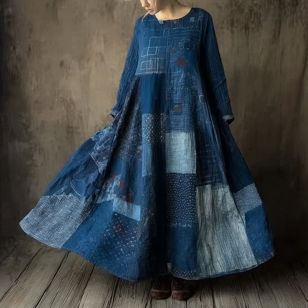 Vintage Japanese Sashiko Patchwork Flowy Maxi Dress