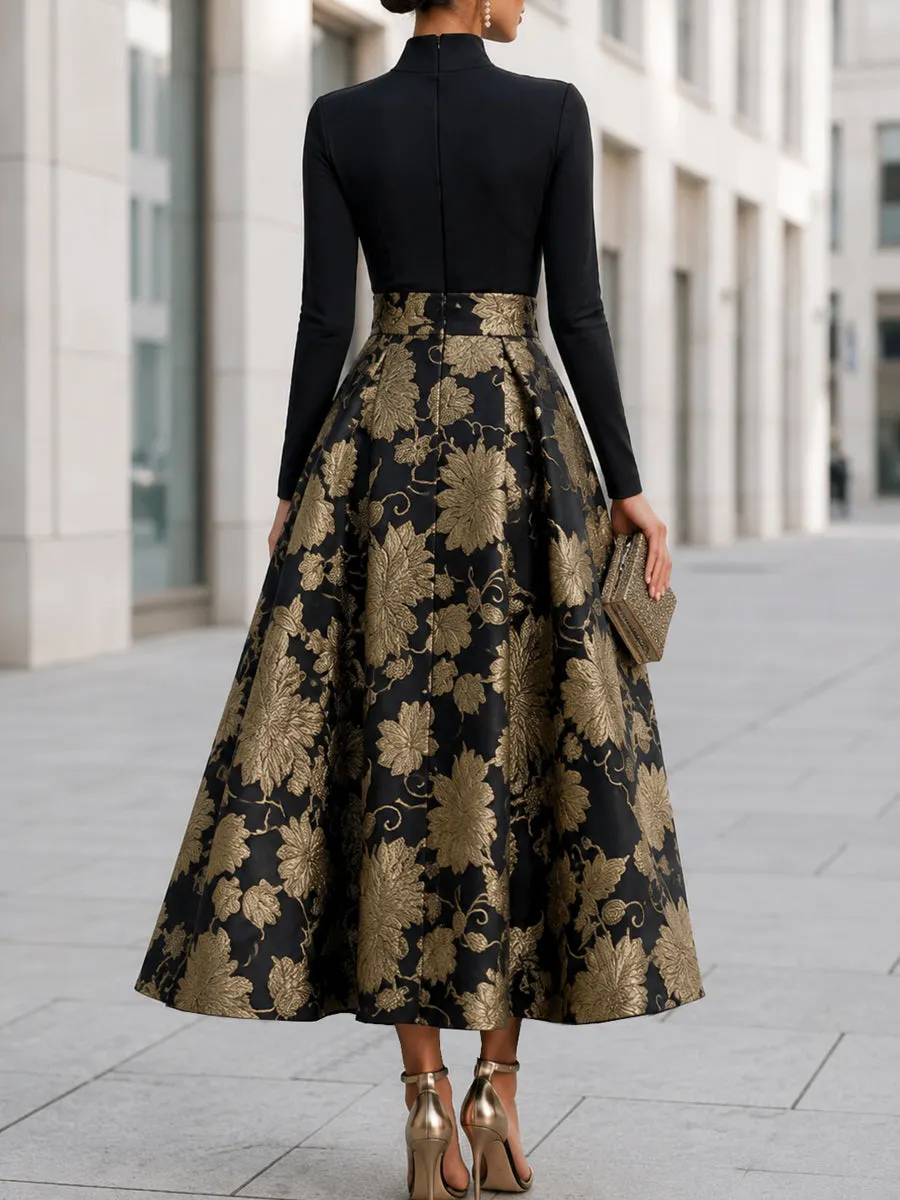 Black Mock Neck Jacquard Floral A-Line Midi Dress