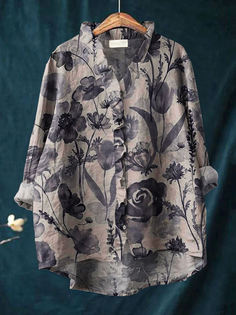 Vintage Flower Art Print Casual Cotton & Linen Ruffle Shirt