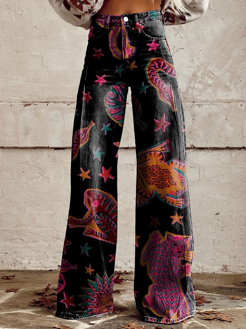 Vintage Print Casual Wide-Leg Pants