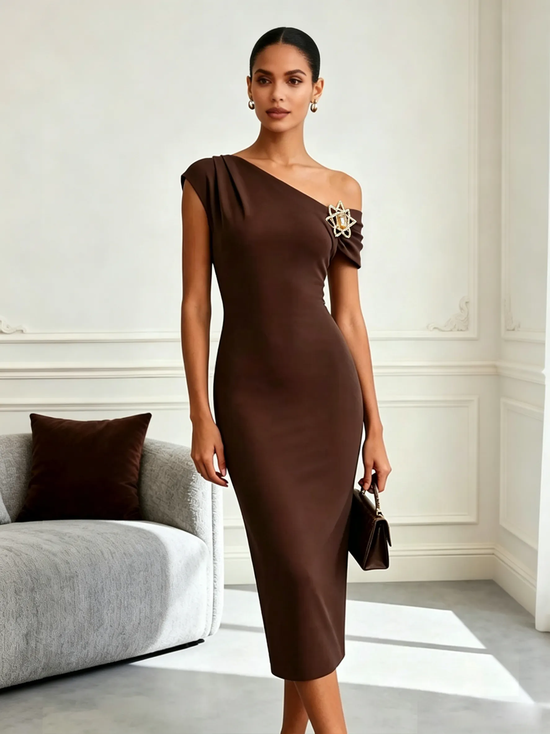 Deep Brown Metal Knit Asymmetrical Sleeveless Sheath Midi Dress