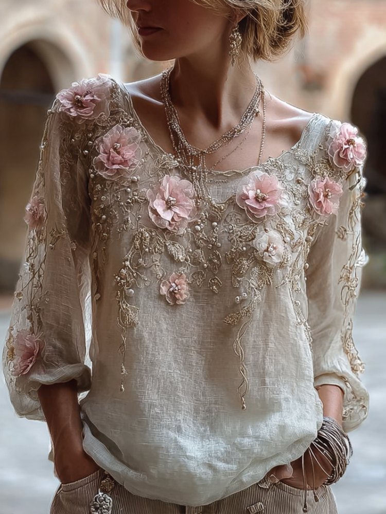 Bohemian Style Round Neck Short Sleeve Three-dimensional Flower Design Women's Thin Top