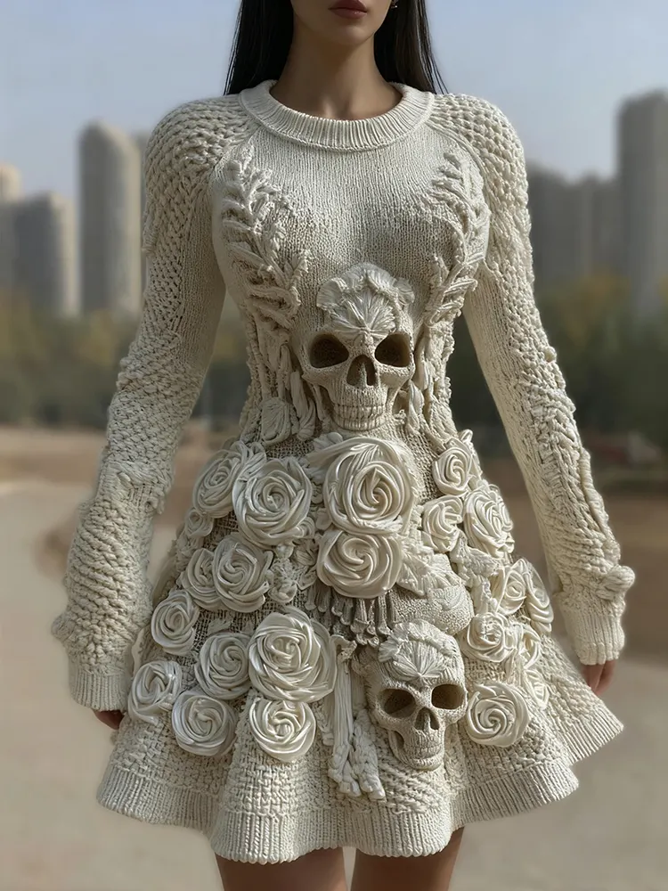 Women's Halloween Skull With Rose Art Cozy Knit Sweater Dress