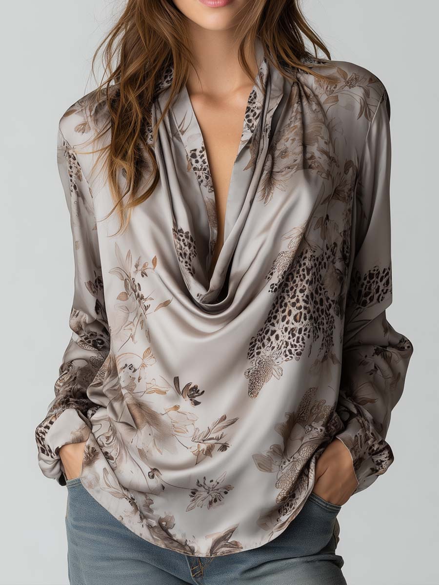 Vintage Leopard Print Floral Cowl Neck Polyester Satin Blouse