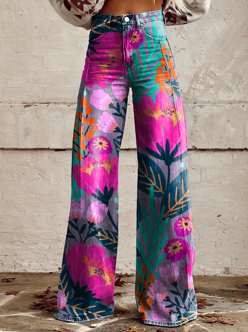 Retro Color Floral Art Casual Wide-Leg Pants
