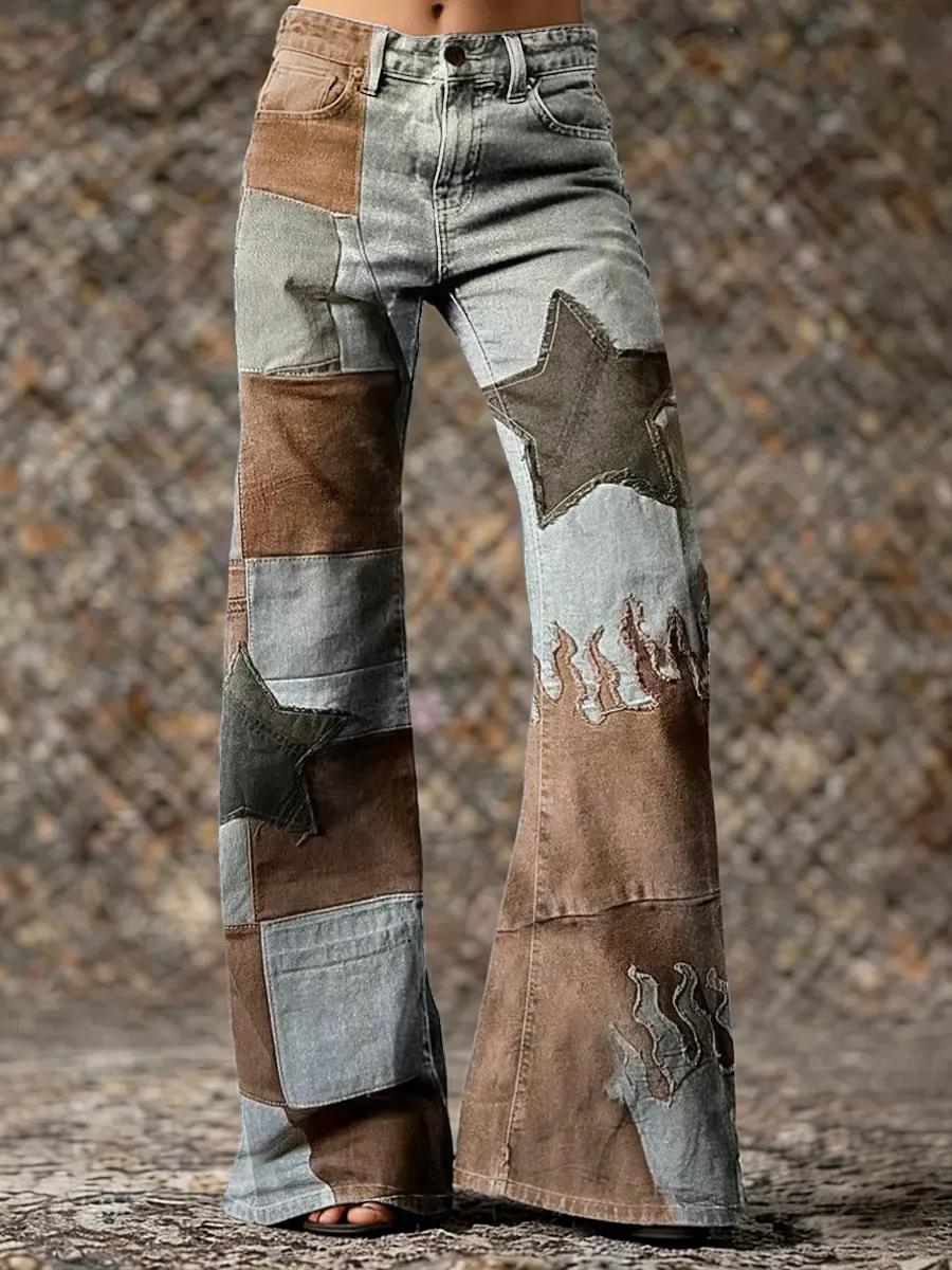 Vintage Patchwork Star Art Print Casual Washed Cotton Denim Pants