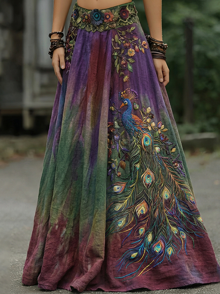 Vintage Classy Gradient Purple Peacock And Floral Embroidered Art Blend Casual Skirt