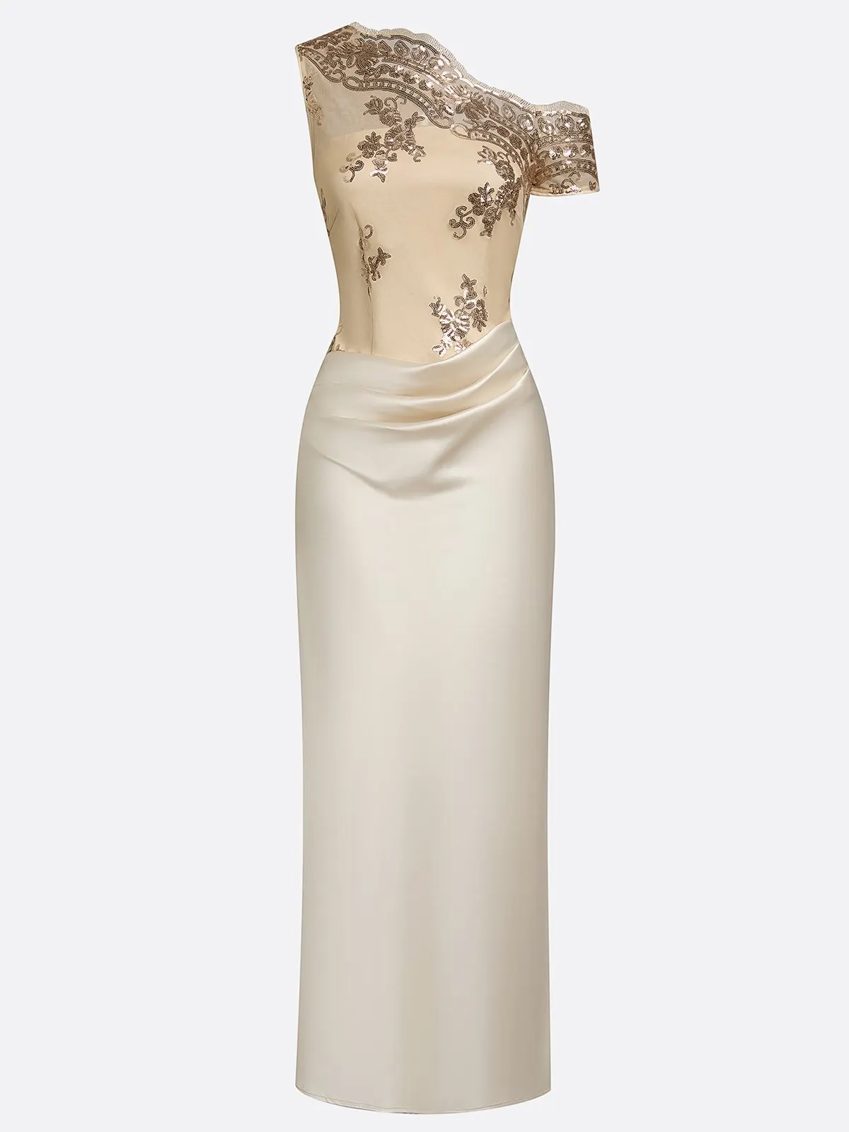 Champagne Ruched Satin One-Shoulder Asymmetrical Mermaid Floor-length Gown