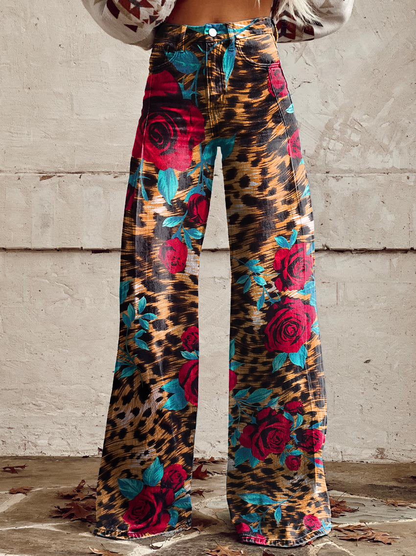 Vintage Leopard Floral Print Casual Wide-Leg Pants