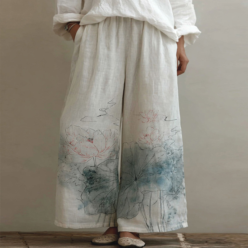 Japanese-style Lotus Pattern Linen Trousers