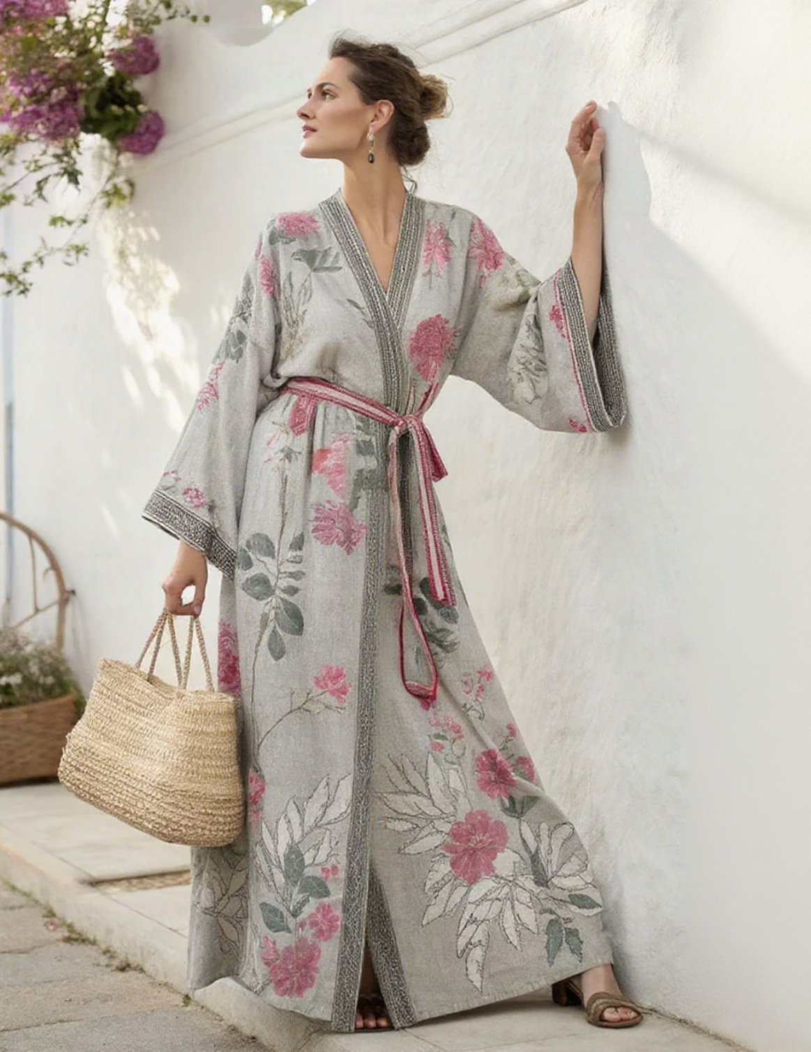 Artistic floral resort pattern kimono robe (with belt)