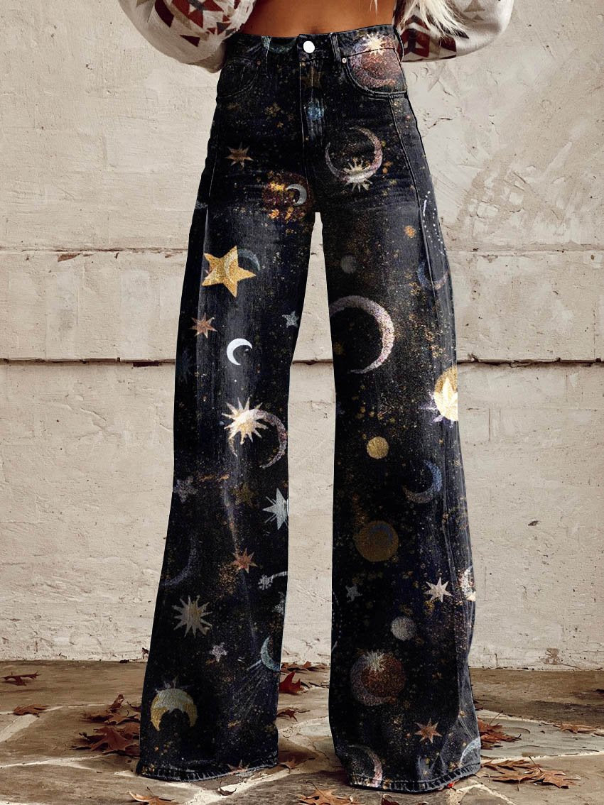 Black Stars & Moon Print Casual Wide-Leg Pants