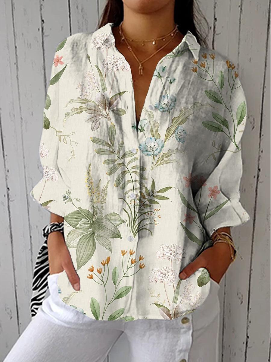 Vintage Art Flower Print Casual Linen V-neck Shirt