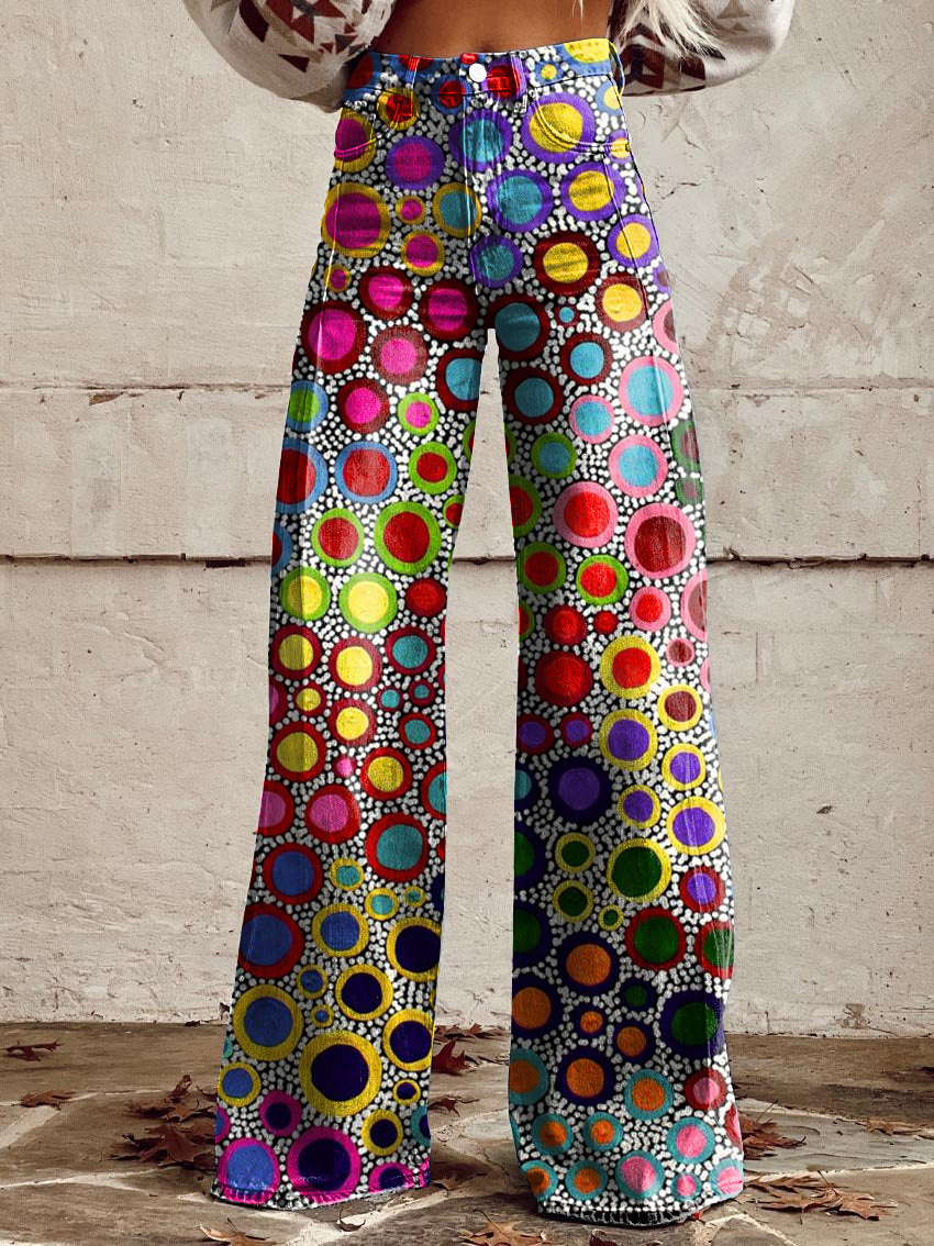 Vintage Art Print Casual Wide-Leg Pants