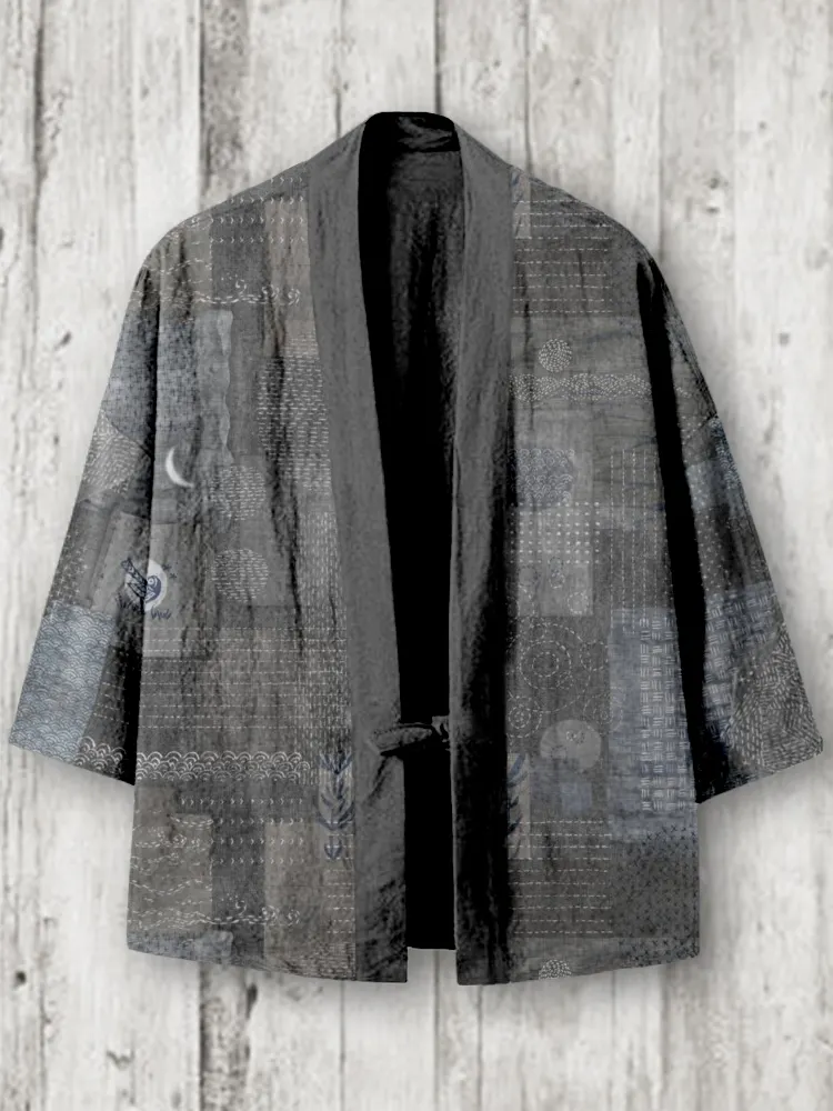 Vintage Japanese Sashiko Patterns Linen Blend Kimono Cardigan