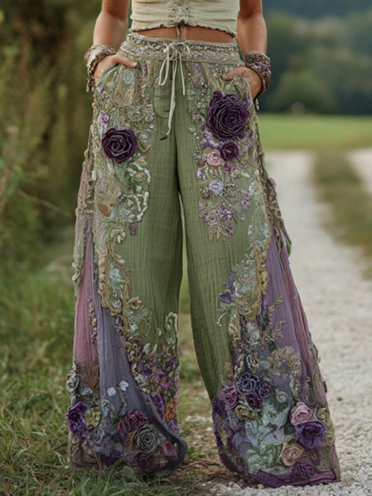 Classy Purple Lavender And Floral Embroidered Art Pants