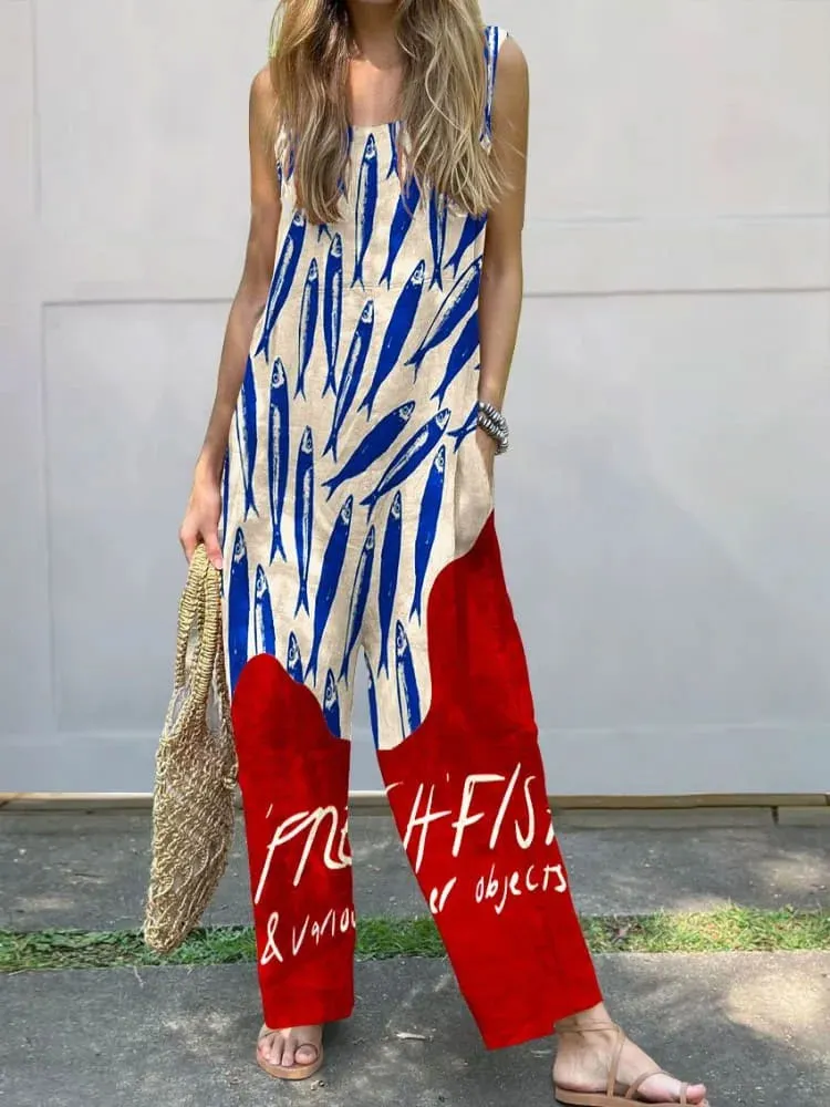 Vintage Fish Sardines Art Print Casual Wide-Leg Jumpsuit