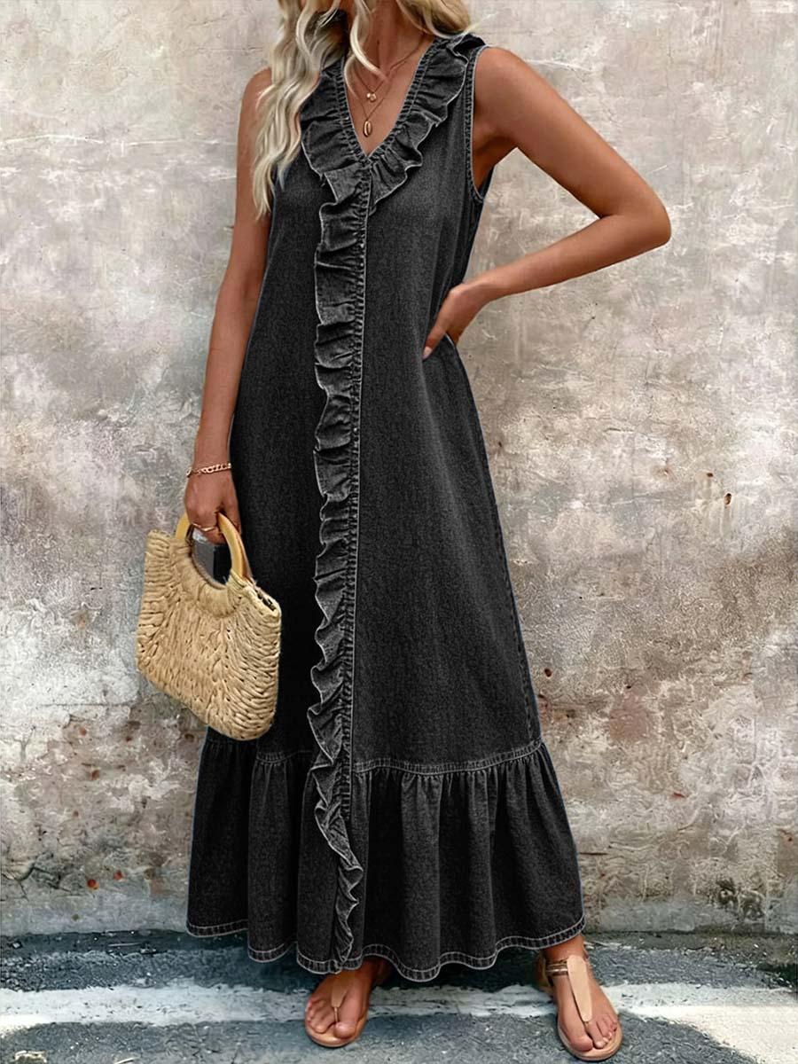 Ruffled V-neck Sleeveless Loose-fitting Denim Dress