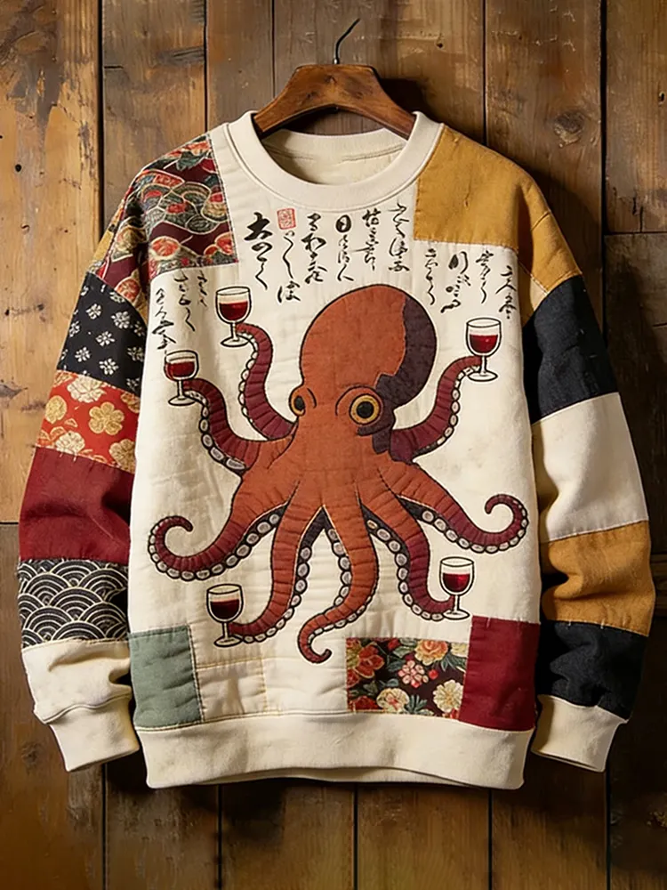 Men's Retro Octopus Japanese Art Patchwork Print Casual Sweatshirt